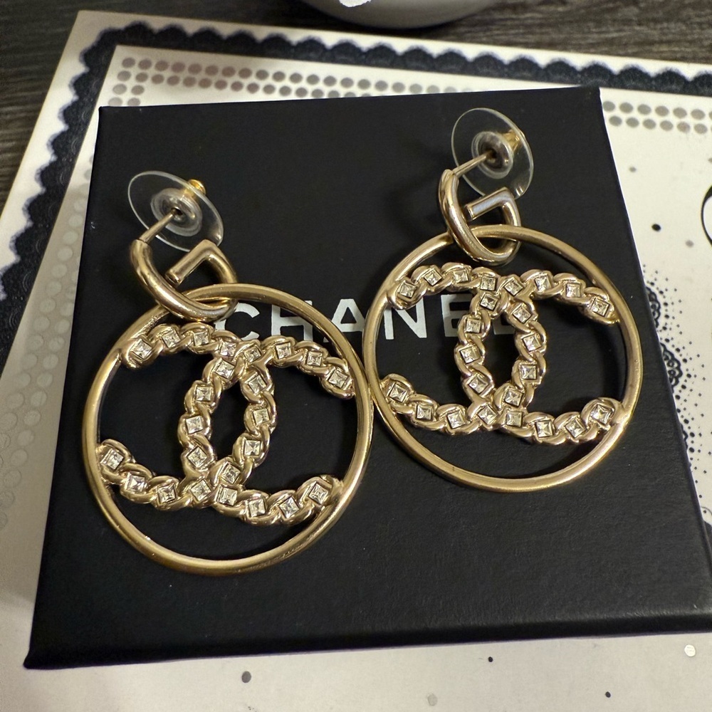 CHANEL Large Gold Crystal CC Circle Drop Earrings